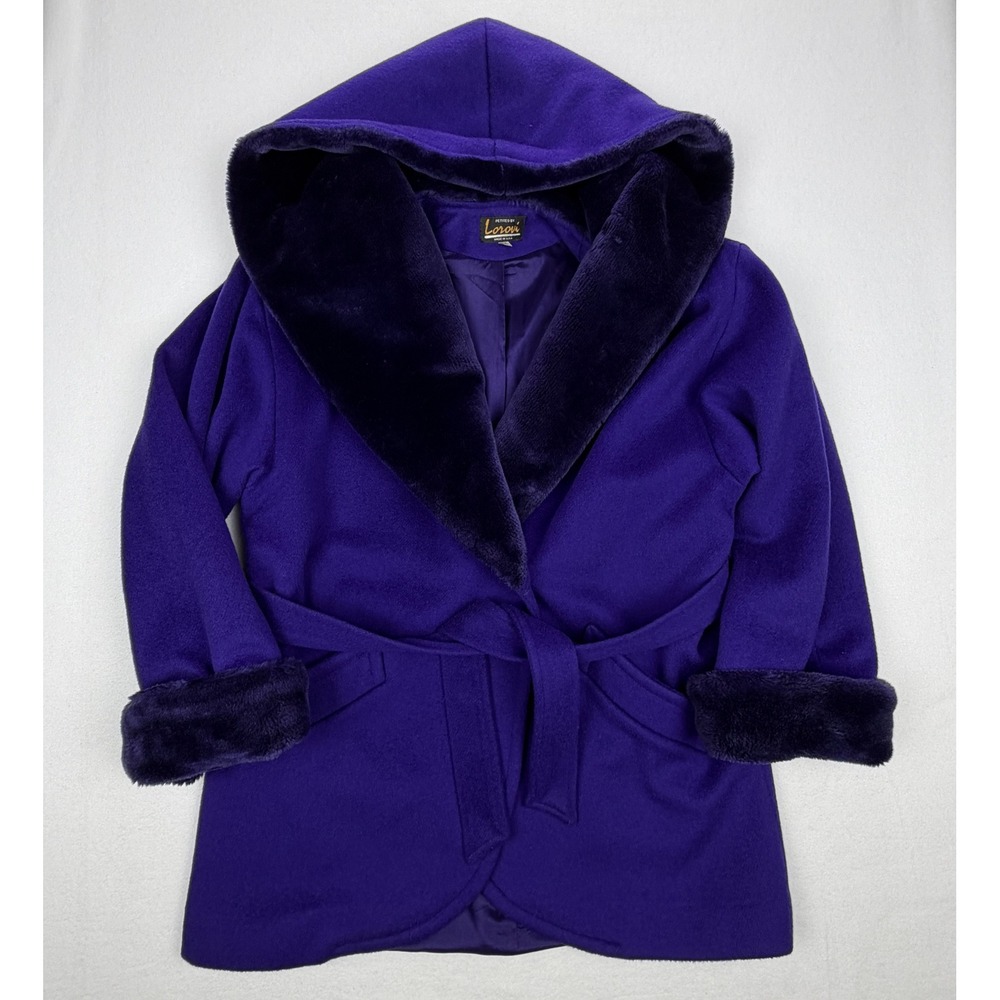 Vintage Petites by Lorovi Purple Wool Blend Faux Fur Hooded Wrap Belted Coat M